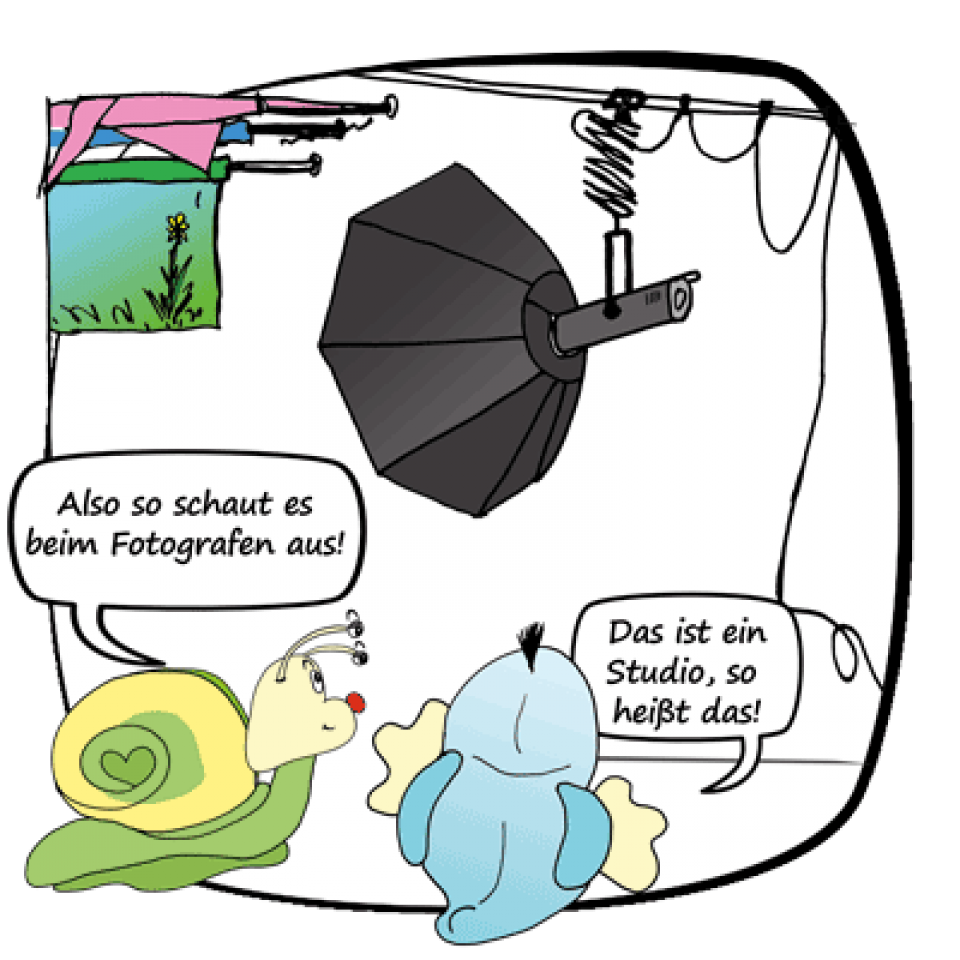 Rudi Rennschnecke und Ente Elsa im Fotostudio